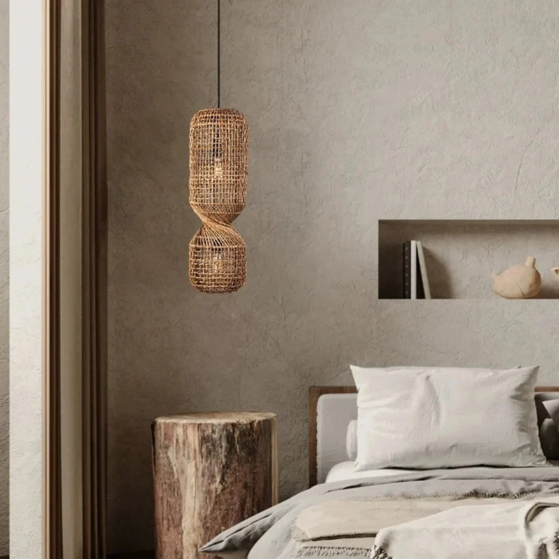 Helix Double-Cylinder Woven Rattan Pendant Light