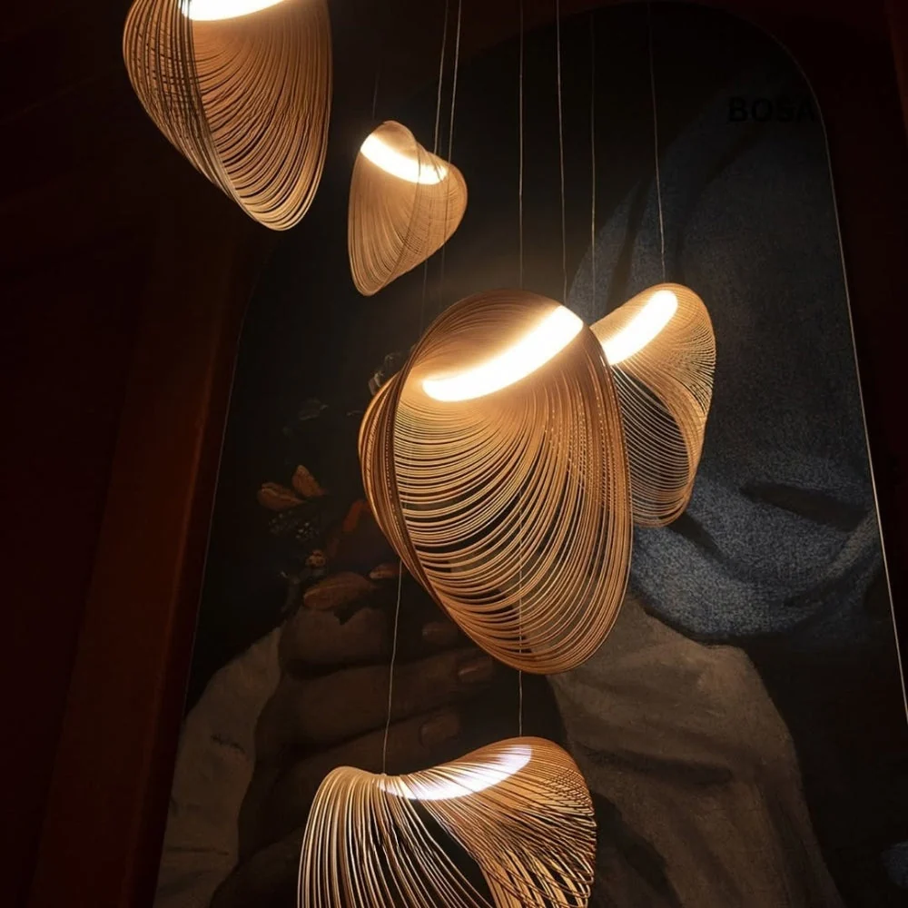 L'Onde Curved Arc Woven Rattan Pendant Light
